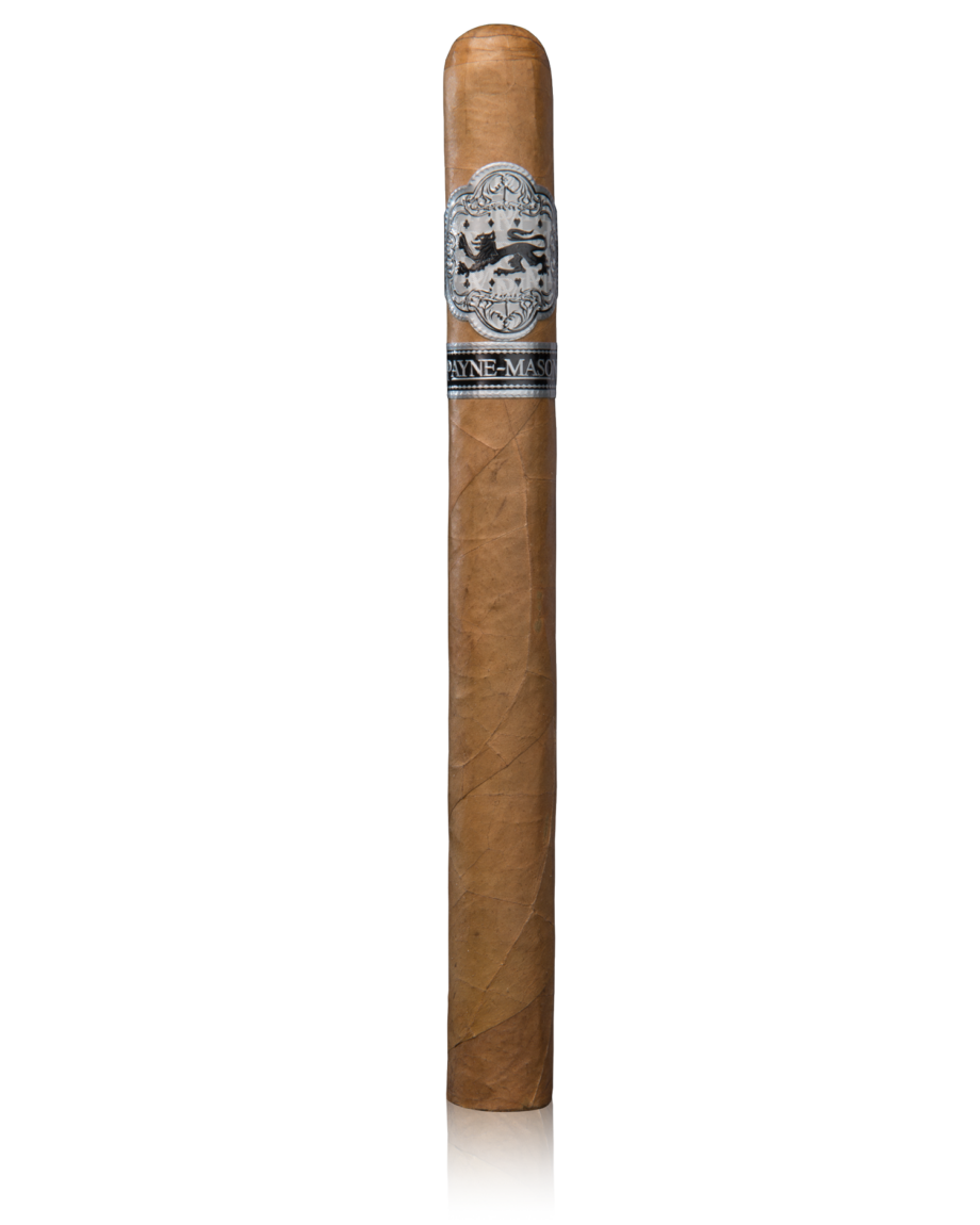Payne-Mason Double Corona cigar with a 6 year aged Corojo wrapper and long leaf filler. The cigar is noted for its full flavor, spice, and complex yet balanced smoking experience with earthy overtones and nutty aromas. It is made from Cuban seed, aged tobacco, and is 7 1/2 inches long with a 50 ring gauge. It belongs to the Black Lion family and is medium-bodied, 100% handmade.