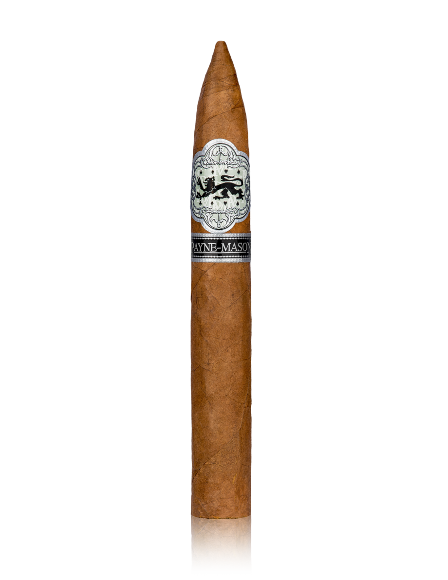 The PAYNE-MASON Torpedo Presidente cigar with a rare Corojo wrapper, featuring Dominican, Nicaraguan, and Honduran fillers. Full-bodied cigar from the Black Lion family with notes of leather and spice, wrapped in a Dominican wrapper and Ecuadorian binder. Measures 6 inches in length with a 50 ring gauge. 100% Handmade Cigars: