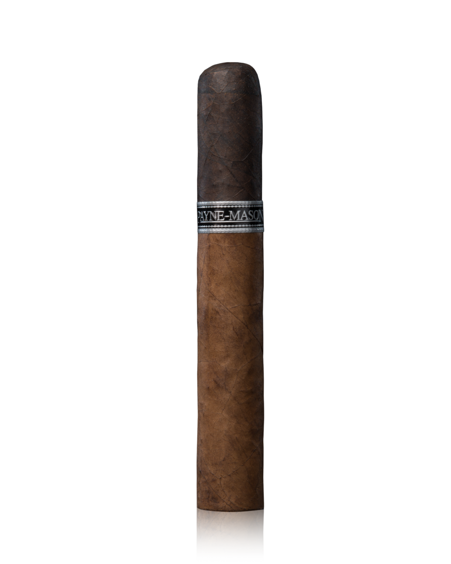 The PAYNE-MASON Puro Porto cigar from the Black Lion family, designed to pair with port wines. The cigar features a 5-year aged Connecticut Shade Natural wrapper and an 8-year aged Dominican Maduro cap, which is slightly sweetened. It has a medium strength with hints of dark chocolate and light creaminess, measuring 5 1/2 inches in length with a ring gauge of 50. The binder is Ecuadorian, and the filler is a blend of Dominican, Nicaraguan, and Honduran tobaccos. 100% handmade