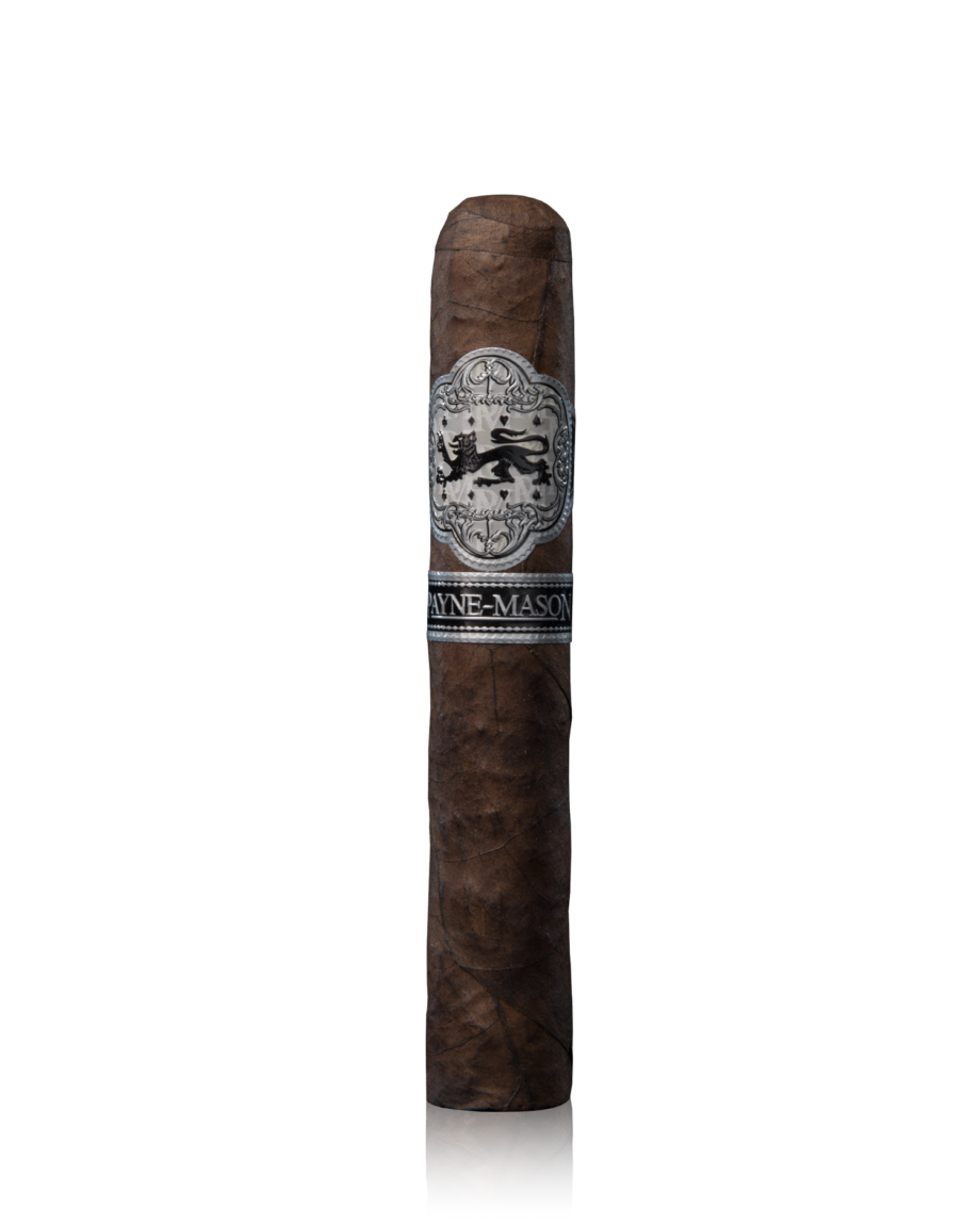 The PAYNE-MASON Robusto Negro cigar from the Black Lion family, showcasing a short and stout shape with a 10-year aged Dominican Maduro wrapper. The cigar is known for its full strength and complex blend of Dominican, Nicaraguan, and Honduran filler tobaccos, offering nuances of coffee and dark chocolate with a bold finish. It features a length of 5 inches and a ring gauge of 50. 100% Handmade Cigar